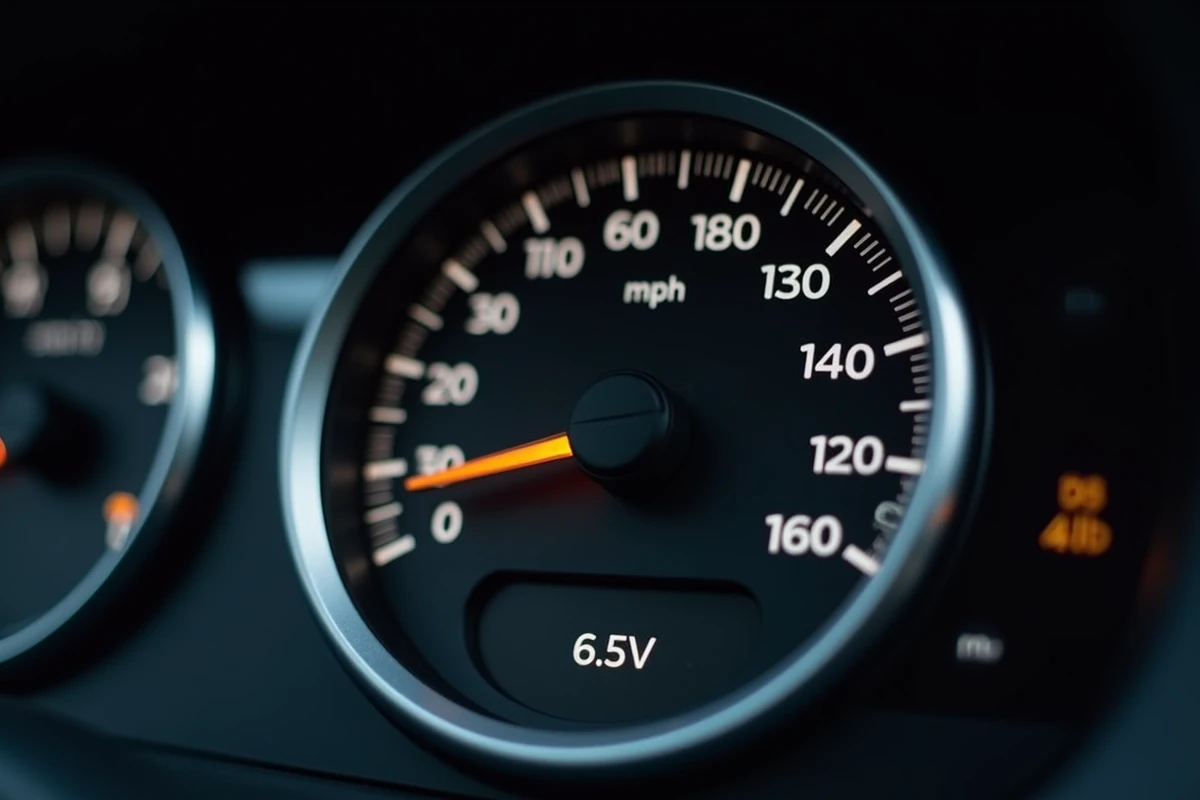 Gros plan sur un compteur de vitesse analogique avec double échelle miles par heure et kilomètres par heure