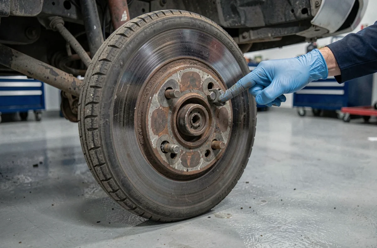 Gros plan sur un disque de frein usé et un roulement de roue automobile inspectés pour identifier la cause de vibrations et de bruits sourds