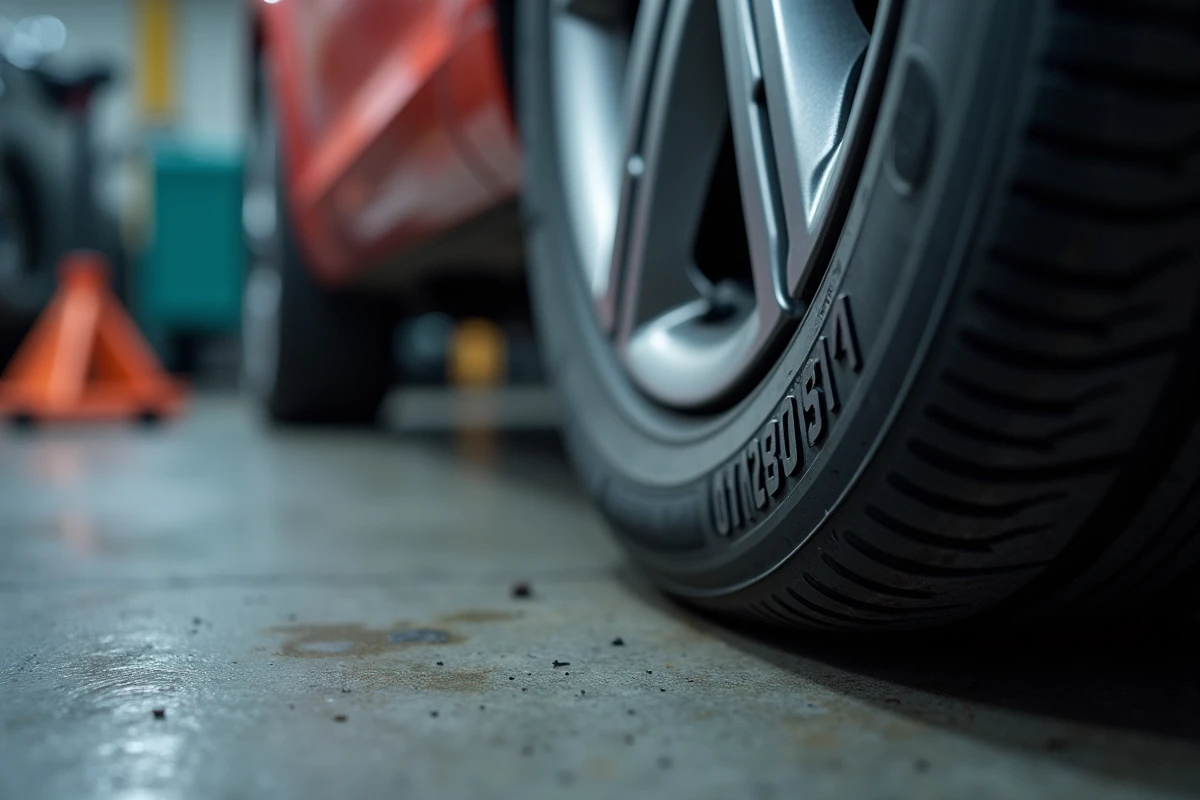 Gros plan sur les chiffres d'indice de charge et de vitesse gravés sur le flanc d'un pneu de voiture