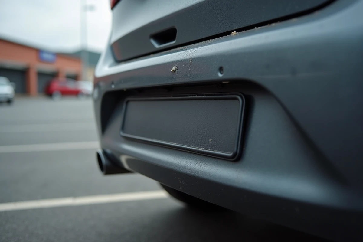 Gros plan d'une plaque d'immatriculation noire illégale sur un véhicule garé dans un parking français