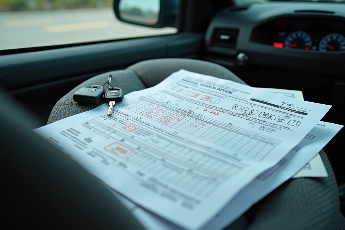 Gros plan d'un procès-verbal de contrôle technique posé sur le tableau de bord d'une voiture avec des clés