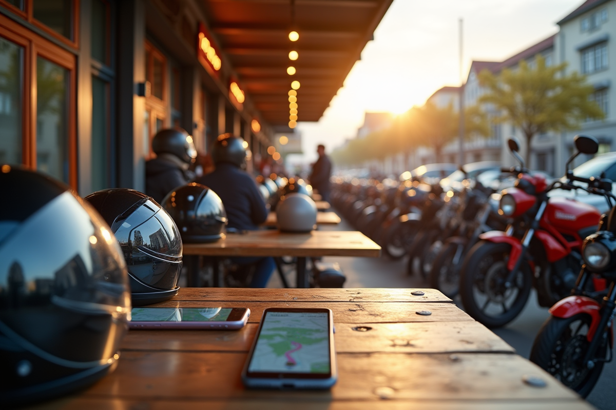Groupe de motos au café avec smartphones et casques