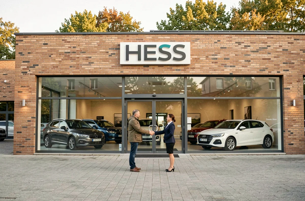 Façade moderne du concessionnaire HESS Automobile avec un client et une conseillère se serrant la main à l'entrée