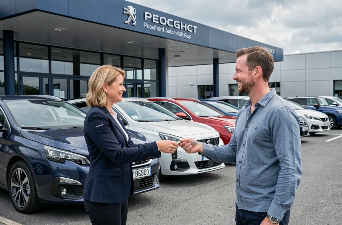 Conseillère du pôle Peugeot HESS Automobile remettant les clés d'une voiture d'occasion à un client satisfait