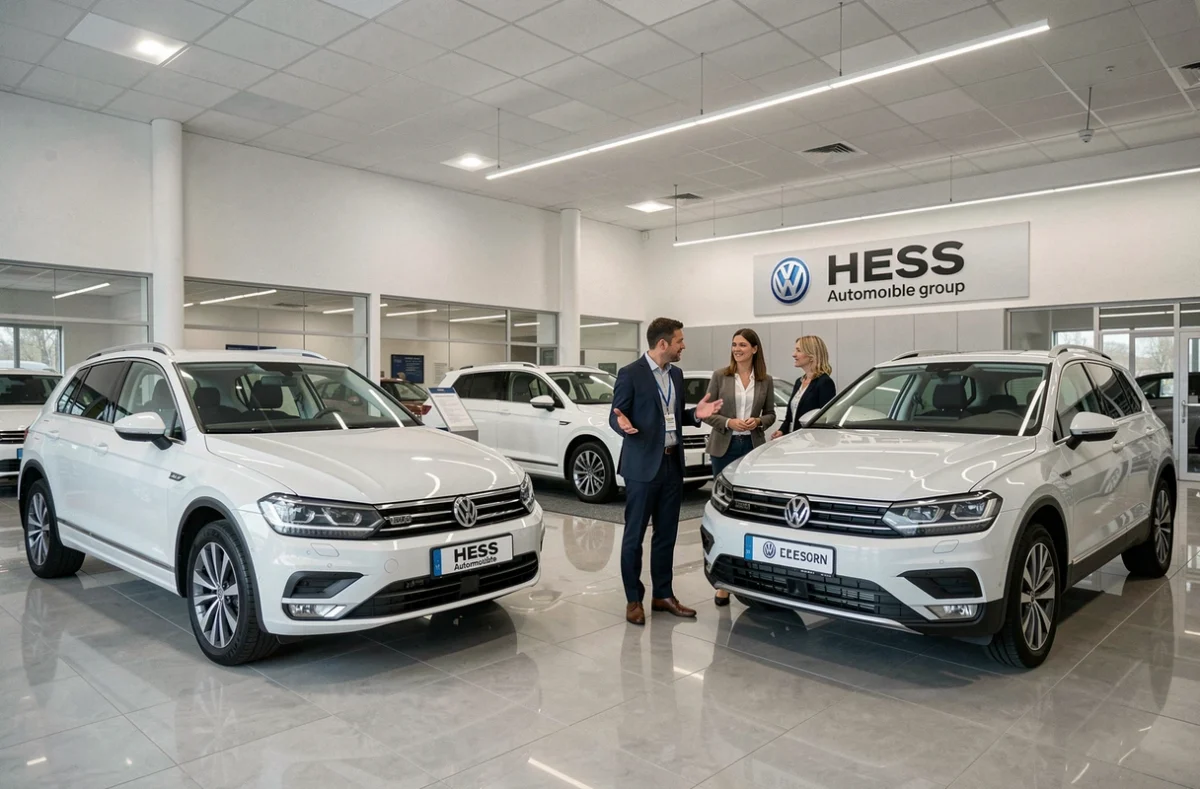 Showroom Volkswagen du pôle HESS Automobile avec un conseiller présentant des véhicules d'occasion à un couple