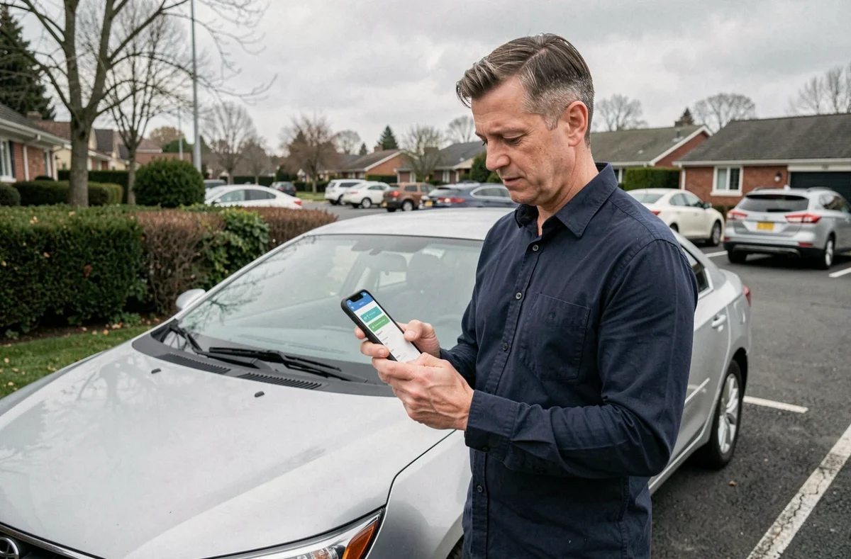 Homme consultant une application d'assurance auto sur son smartphone devant sa voiture dans un parking résidentiel