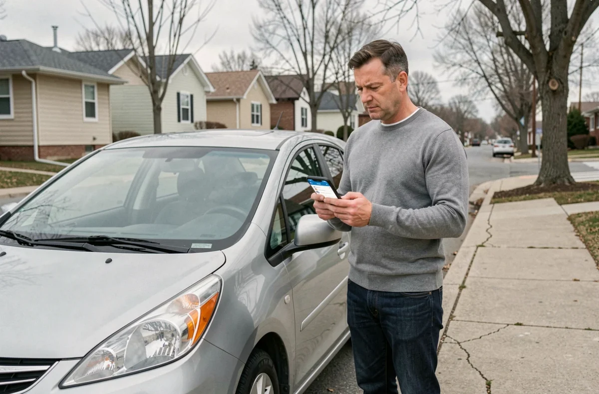 Homme recherchant une assurance auto sans engagement sur smartphone devant sa voiture dans une rue résidentielle