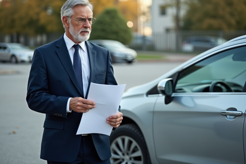 Homme d'âge moyen avec documents d'assurance devant sa voiture