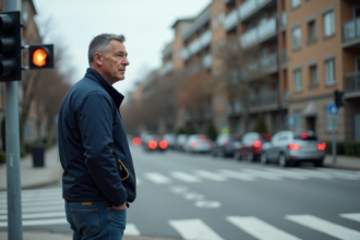 Homme d'âge moyen attendant au feu orange urbain