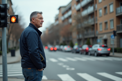 Homme d'âge moyen attendant au feu orange urbain