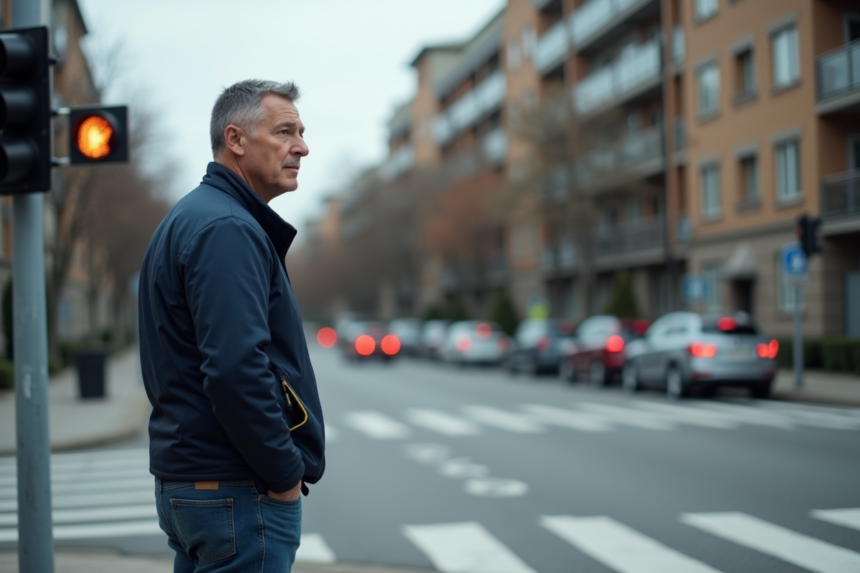 Homme d'âge moyen attendant au feu orange urbain
