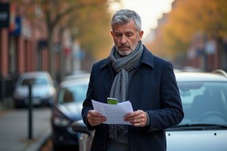 Homme d'âge moyen vérifiant ses documents d'assurance auto