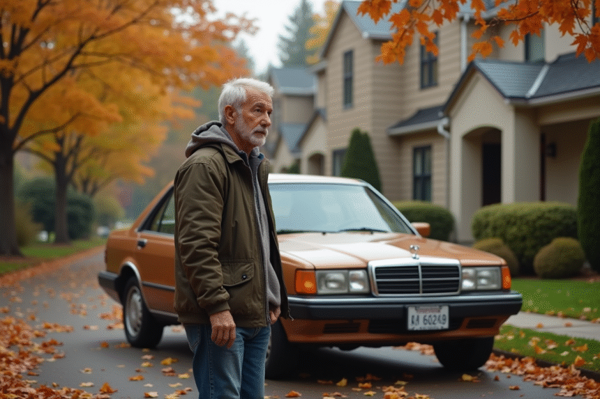 Homme d'âge moyen près de sa voiture ancienne en automne