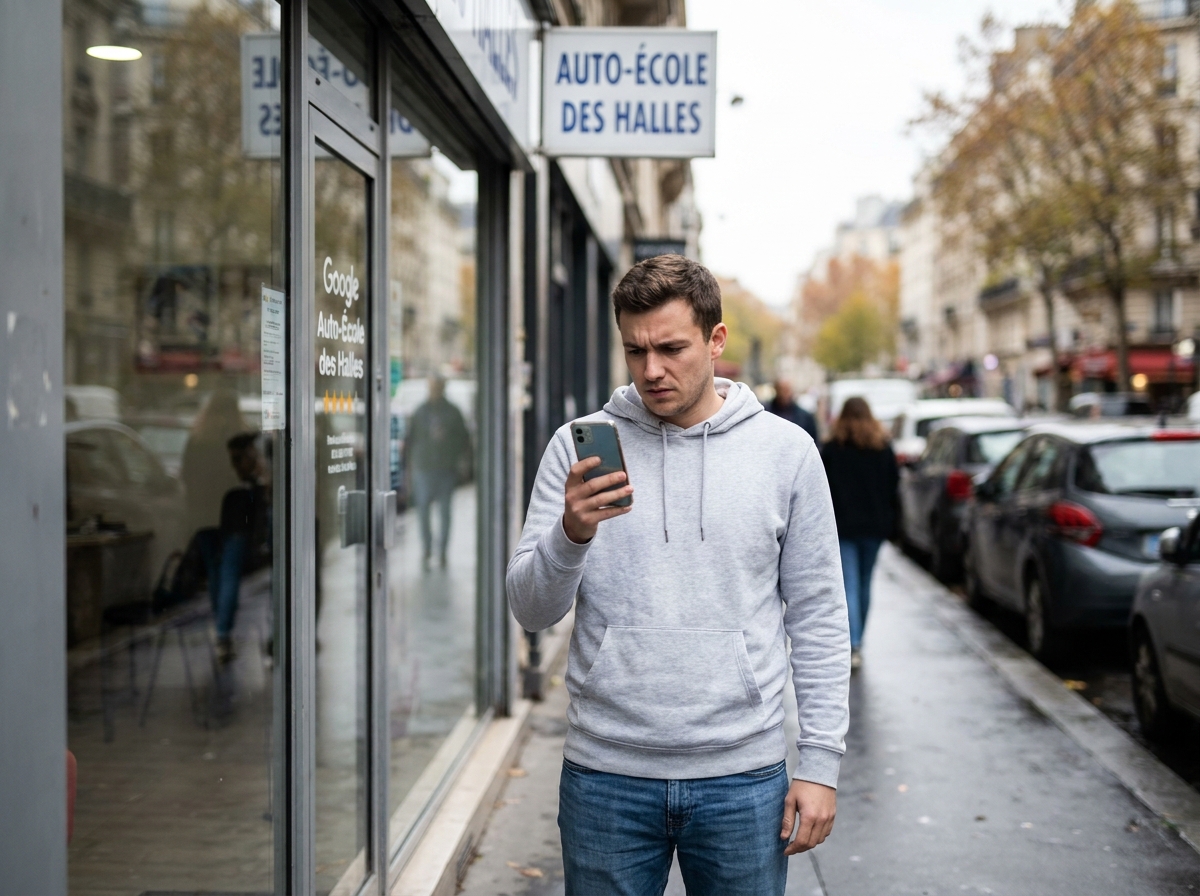Jeune homme lisant des avis Google devant une auto-école pour comparer ses options de formation au permis