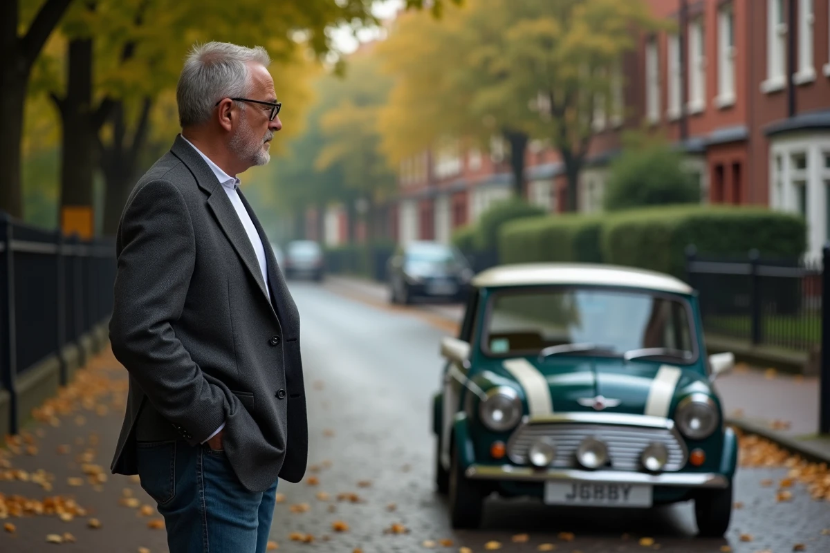 Homme en blazer admirant une mini classique sur une rue pavée