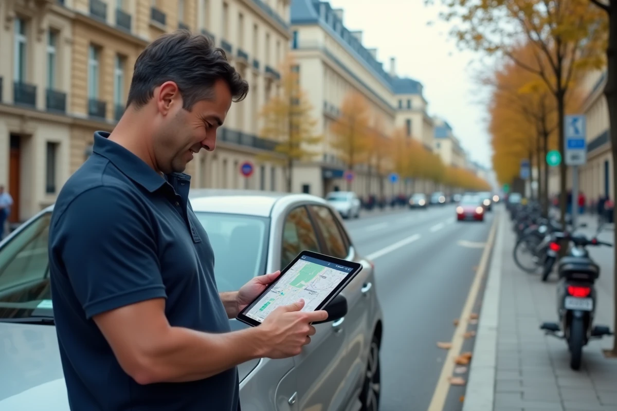 Un homme consultant un coach virtuel de conduite urbaine sur tablette au bord d'un boulevard parisien