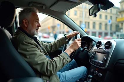 Homme d'âge moyen au volant d'une voiture urbaine moderne