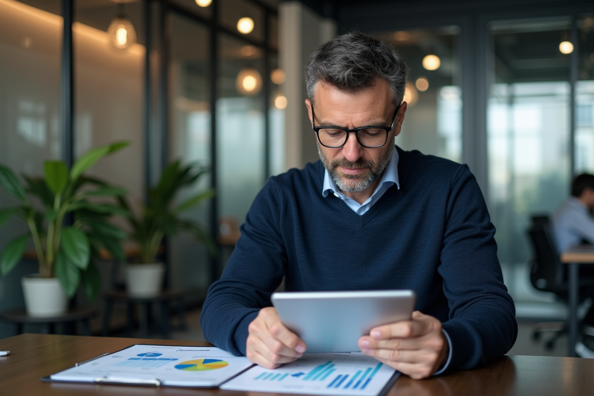 Homme d âge moyen examinant des données dans un espace de coworking