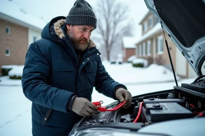 Homme d'âge moyen en parka bleu attachant des câbles de voiture par un matin d'hiver