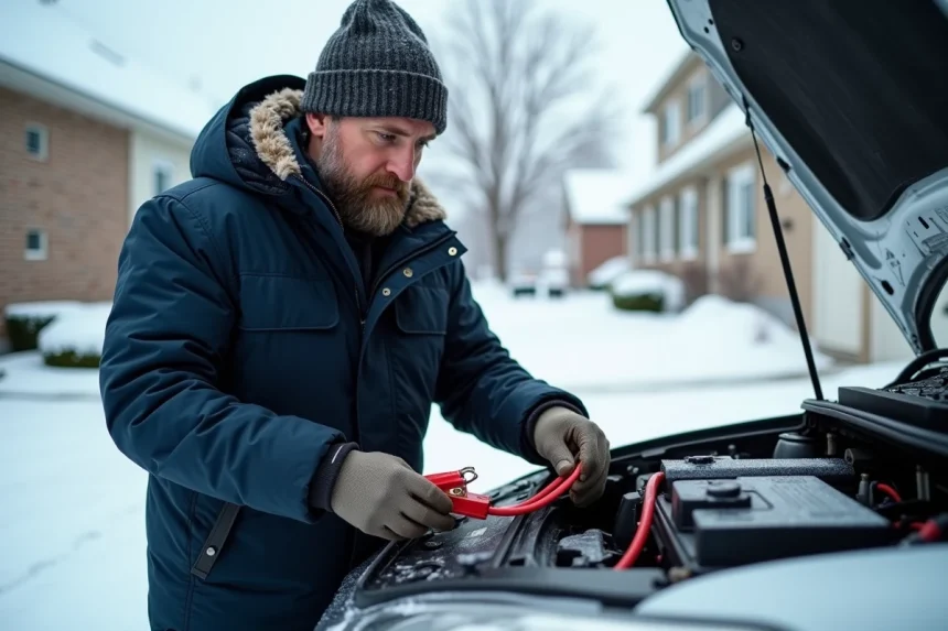 Homme d'âge moyen en parka bleu attachant des câbles de voiture par un matin d'hiver