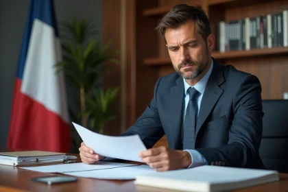 Homme en costume d'affaires examinant des documents officiels