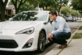 Homme examinant une Toyota 86 blanche garée dans une rue résidentielle, en vue de comparer son assurance auto