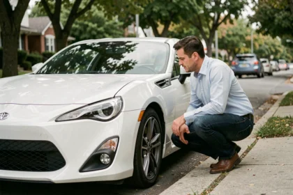 Homme examinant une Toyota 86 blanche garée dans une rue résidentielle, en vue de comparer son assurance auto