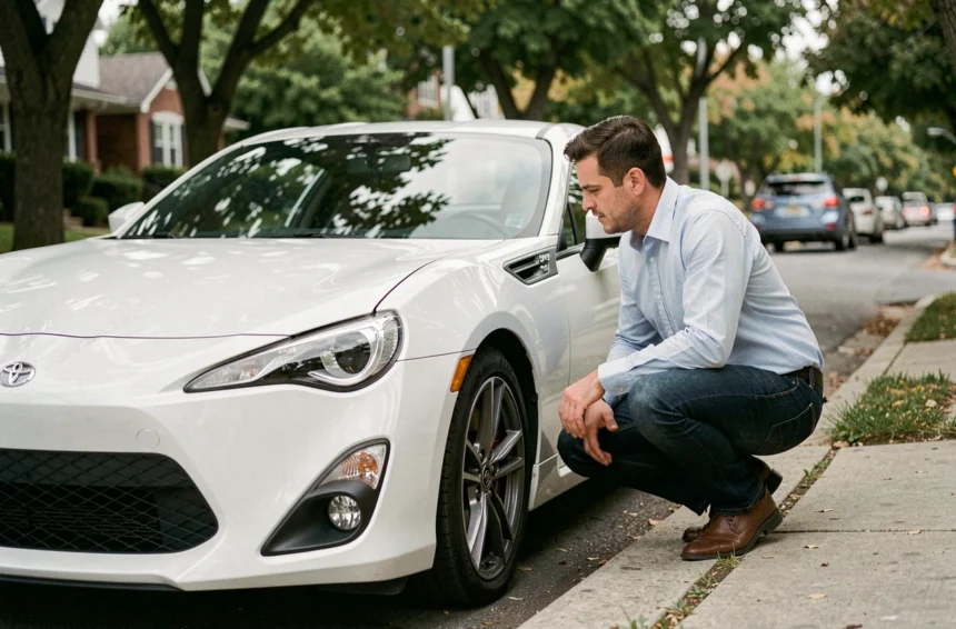 Homme examinant une Toyota 86 blanche garée dans une rue résidentielle, en vue de comparer son assurance auto