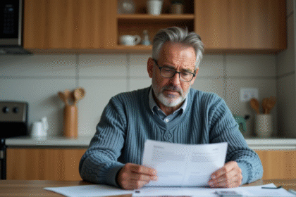 Homme d'âge moyen examinant des documents de garantie à la maison
