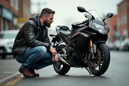 Homme inspectant une moto sport 750 GSX R en extérieur