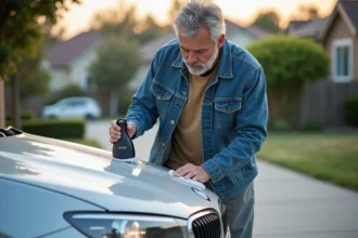 Homme appliquant un nettoyant voiture sur une berline argentée
