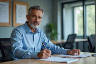 Homme d'âge moyen remplissant des papiers dans un bureau administratif