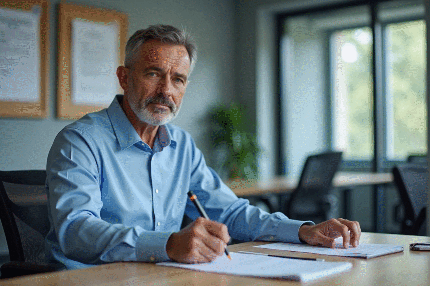 Homme d'âge moyen remplissant des papiers dans un bureau administratif