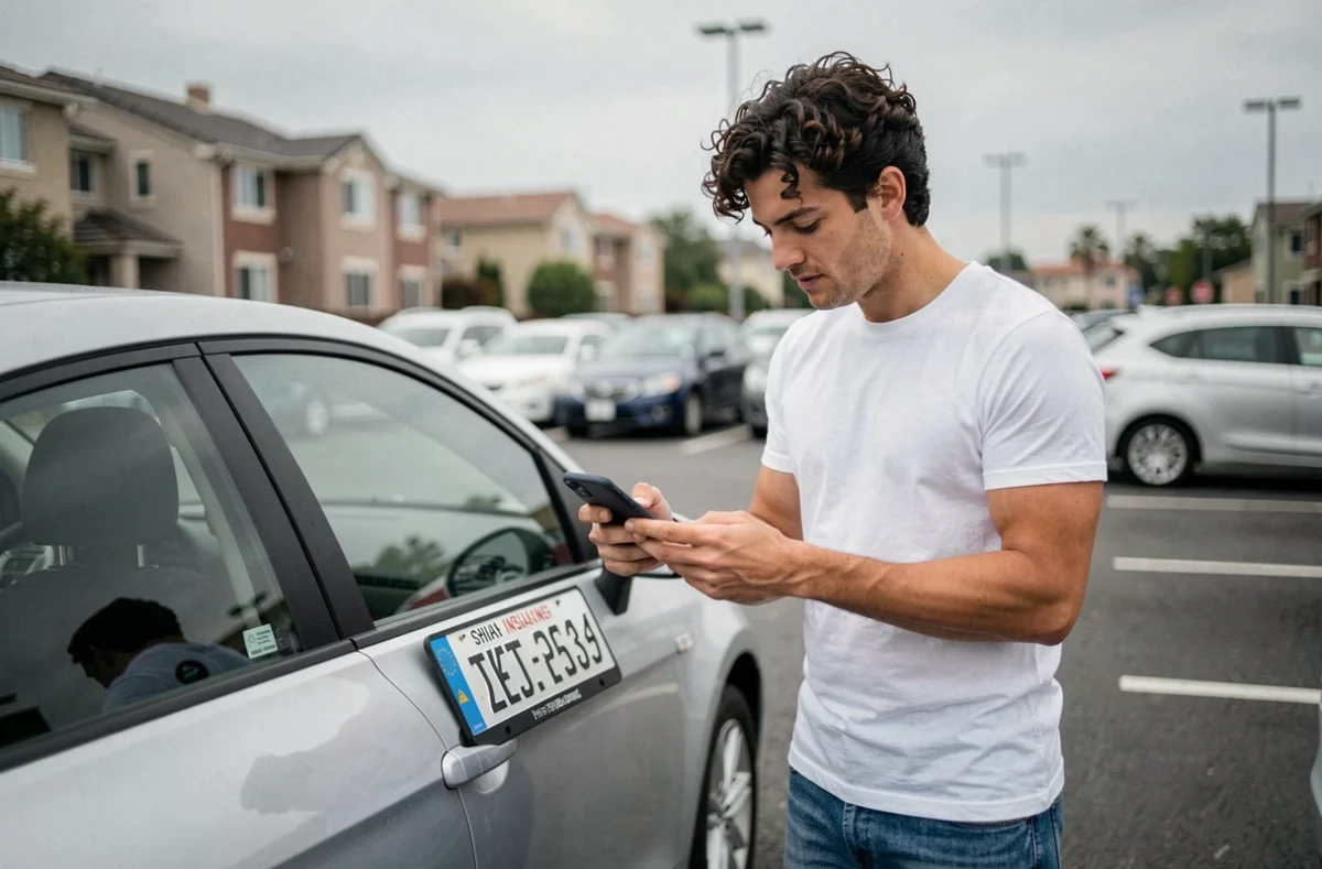 Jeune homme photographiant sa plaque d'immatriculation avec son smartphone pour souscrire une assurance voiture en ligne