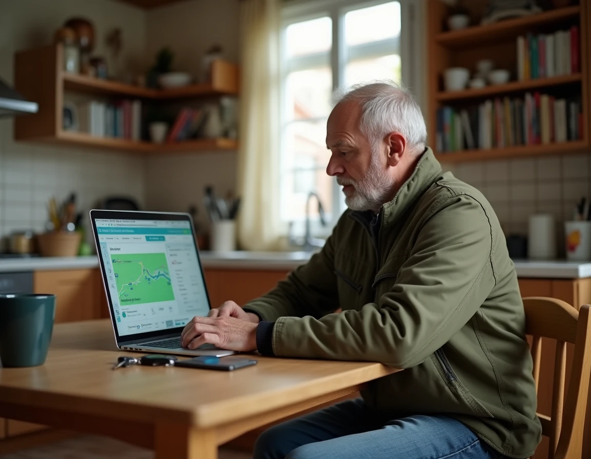 Homme planifiant un trajet sans péage sur un site web depuis son domicile en France