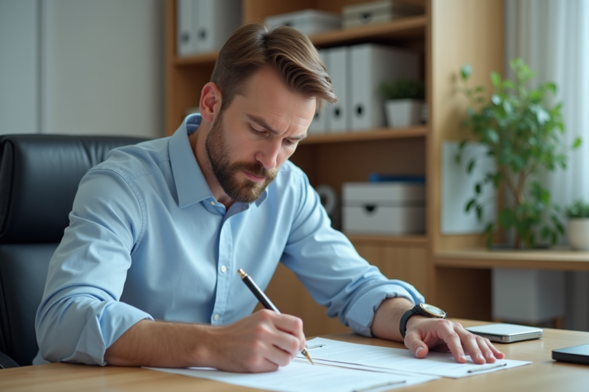 Homme d'âge moyen remplissant un formulaire administratif dans un bureau