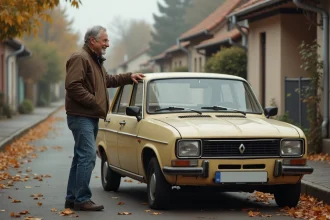 Homme d'âge moyen avec Renault 12 vintage en extérieur