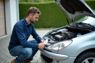 Homme en bleu examine le moteur d'une Peugeot 206
