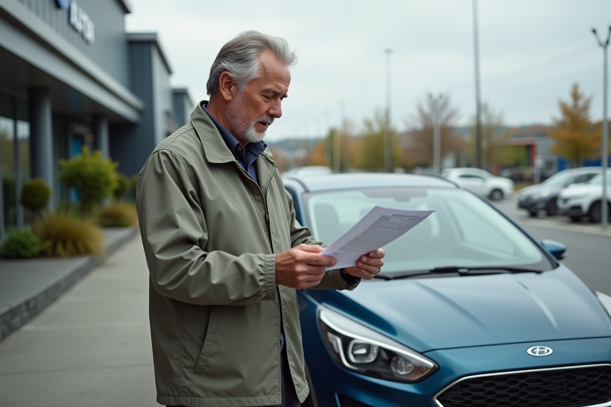 Homme souriant vérifiant ses résultats de permis devant une voiture