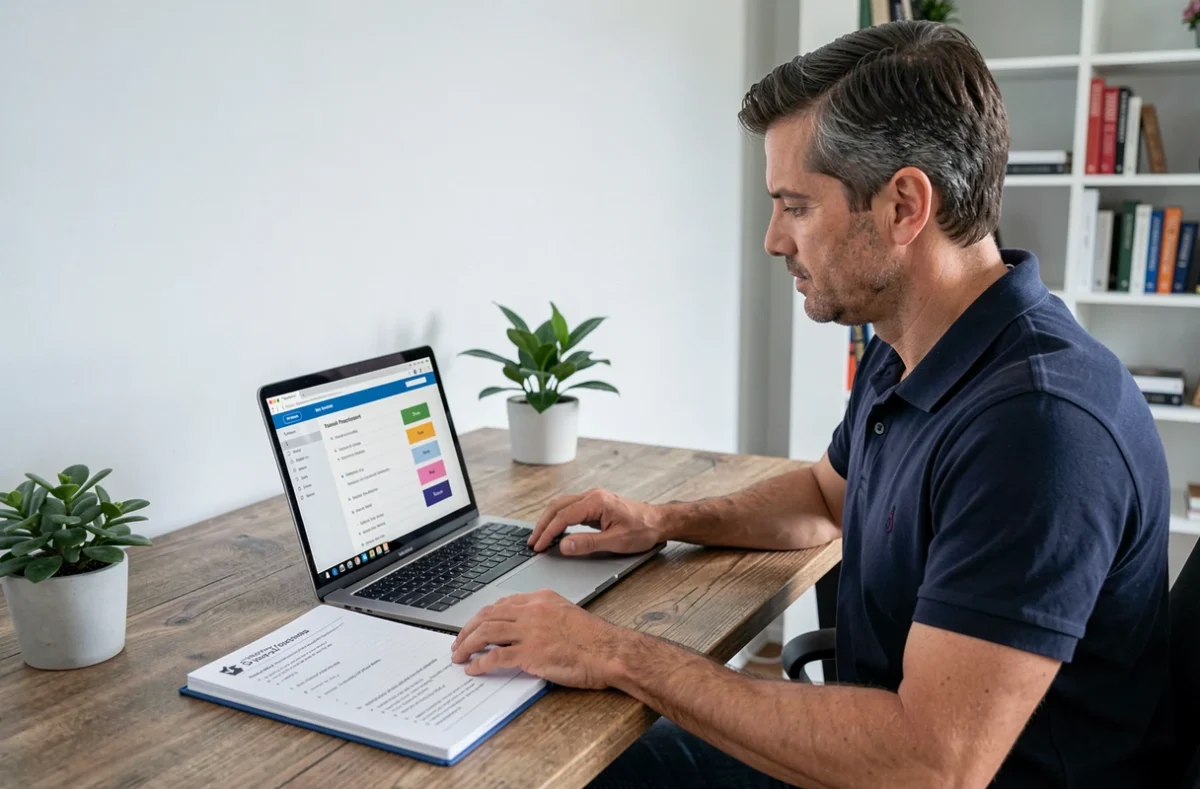 Homme d'une quarantaine d'années révisant le code de la route en ligne sur un ordinateur portable avec un planning de révision ouvert