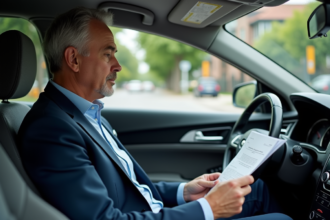 Homme d'âge moyen dans sa voiture examine documents d'assurance