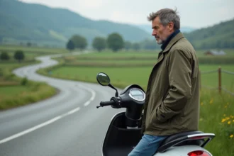 Homme d'âge moyen regardant le compteur d'un scooter en campagne