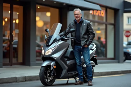 Homme avec scooter Yamaha TMAX devant concession