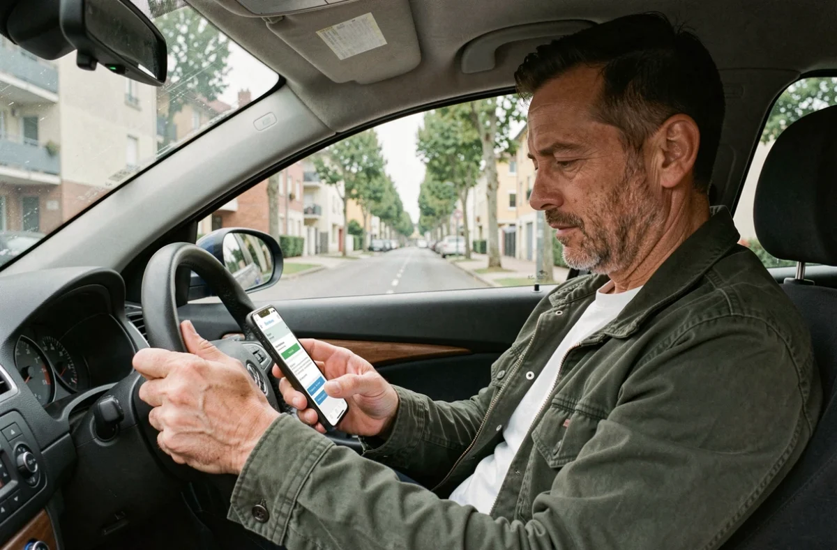 Homme consultant des comparateurs d'assurance auto sur smartphone dans sa voiture à Drancy
