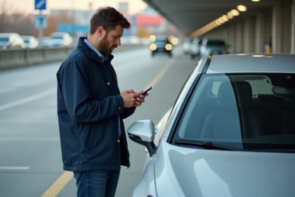 Homme avec veste en ville regardant son smartphone