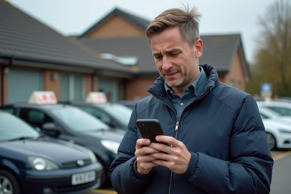 Homme consultant son smartphone devant un centre d'examen de permis de conduire pour vérifier ses résultats