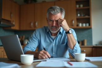 Homme d'âge moyen au travail à domicile avec ordinateur