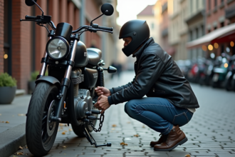 Homme en moto attachant un cadenas sur une ville