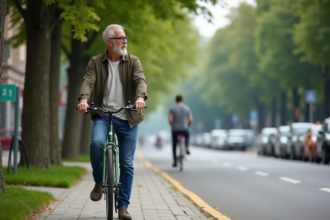 Homme d'âge moyen poussant un vélo dans une rue urbaine verte