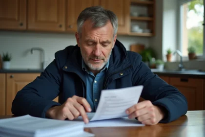 Homme vérifiant sa carte grise dans la cuisine